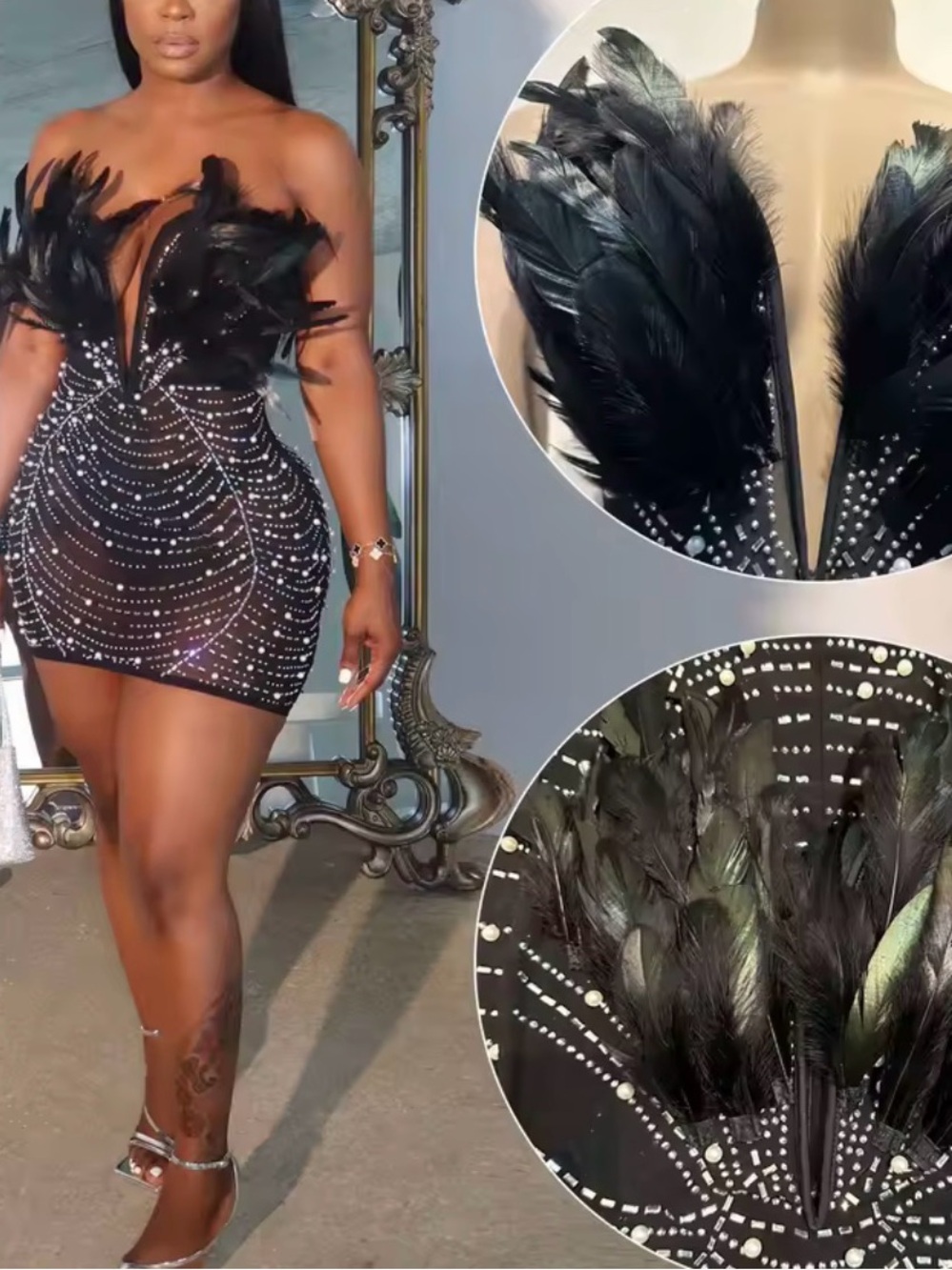 Black Feather & Crystal Embellished Mini Dress